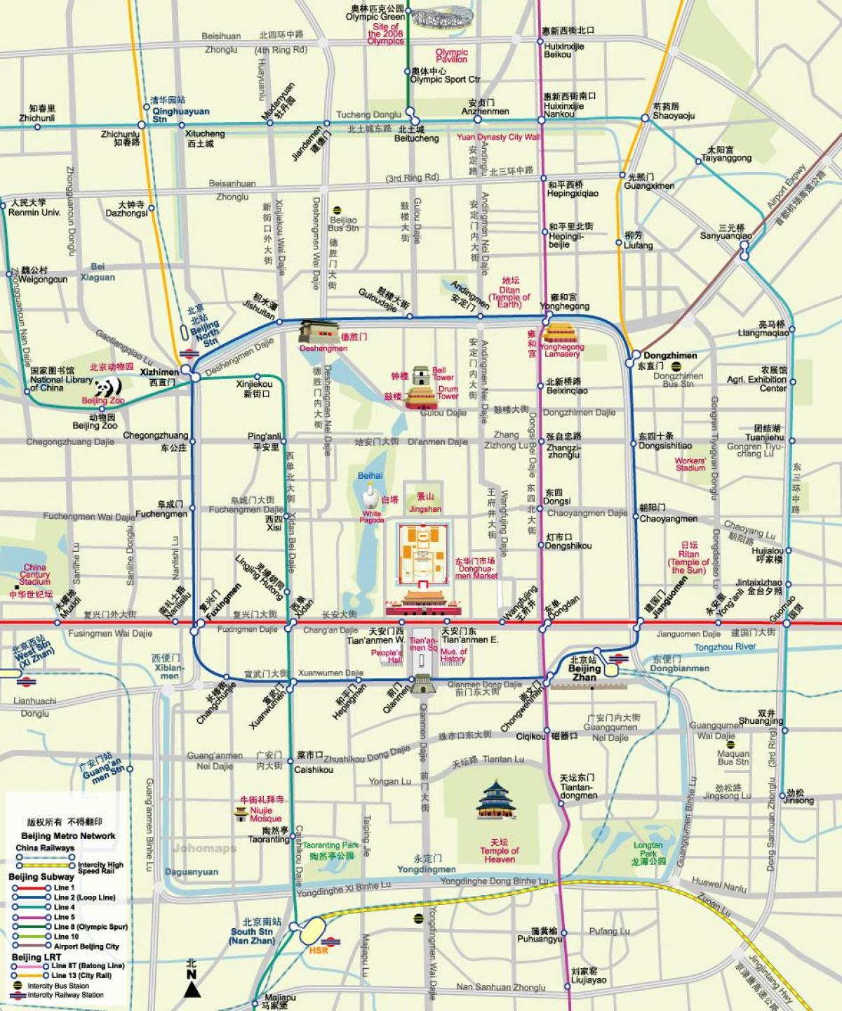քարտեզ Պեկինի մետրոյի քարտեզ տեսարժան վայրերին